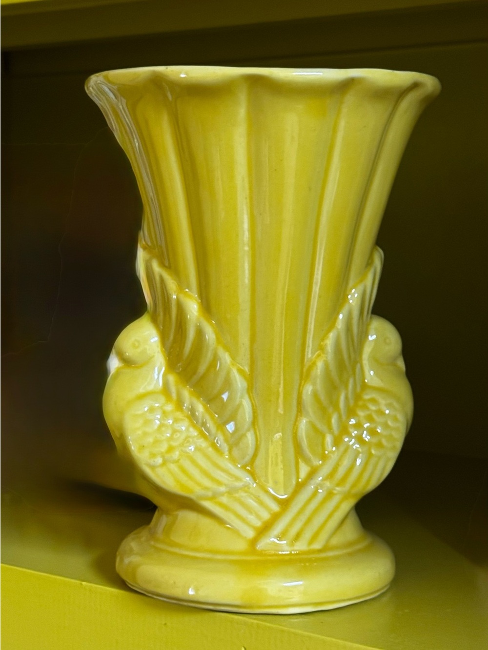 Bright Yellow Vintage Ceramic Bird Motif Vase